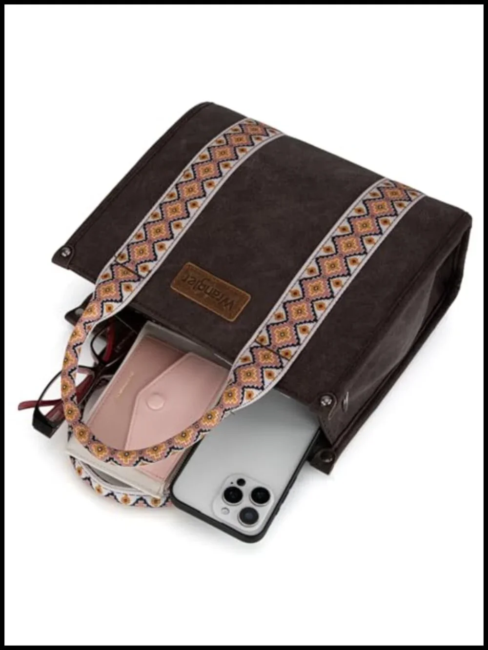 Wrangler Western Satchel Crossbody Purse with Aztec Woven Trim, Secure Zip Top